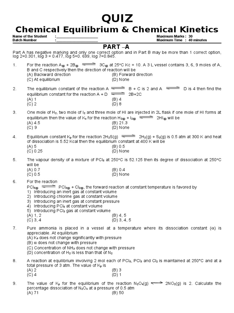 Chemical Equilibrium & Kinetics Quiz | PDF | Activation Energy ...