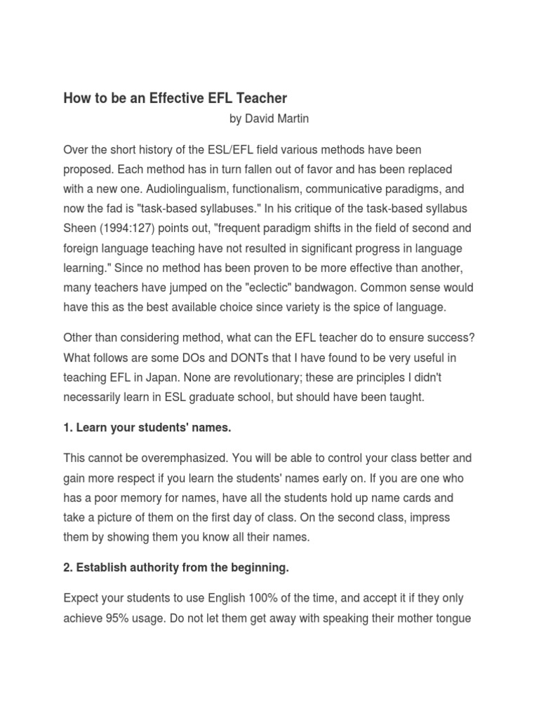 How To Be An Effective EFL Teacher PDF English As A Second Or