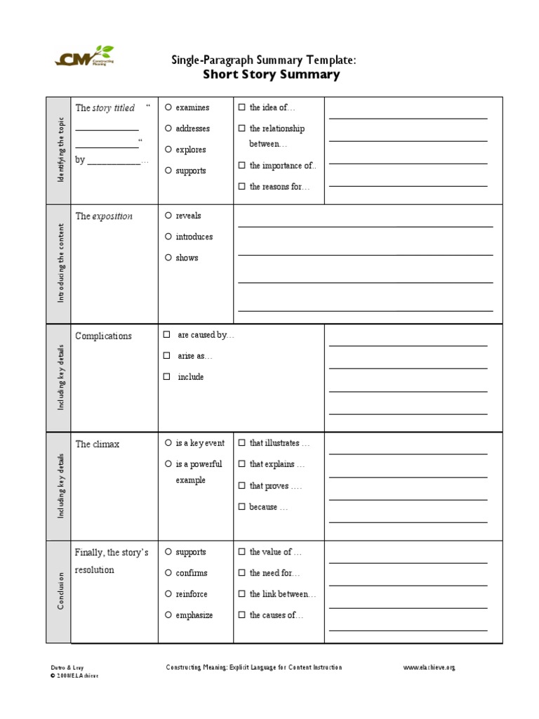Short Story Summary Template | PDF