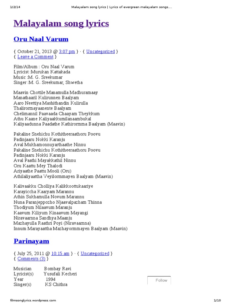 Malayalam song lyrics _ Lyrics of evergreen malayalam songs…