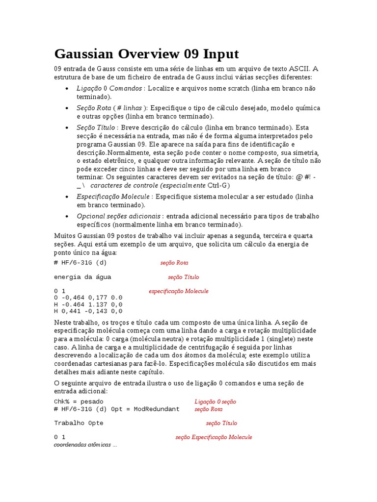 Estrutura de Entrada do Gaussian 09 | PDF | Moléculas | Arquivo de texto
