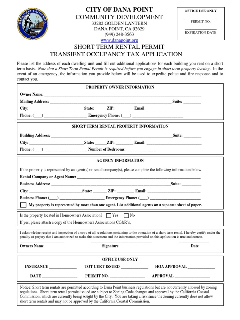 Short-Term Vacation Rental Application, From The City of Dana Point ...