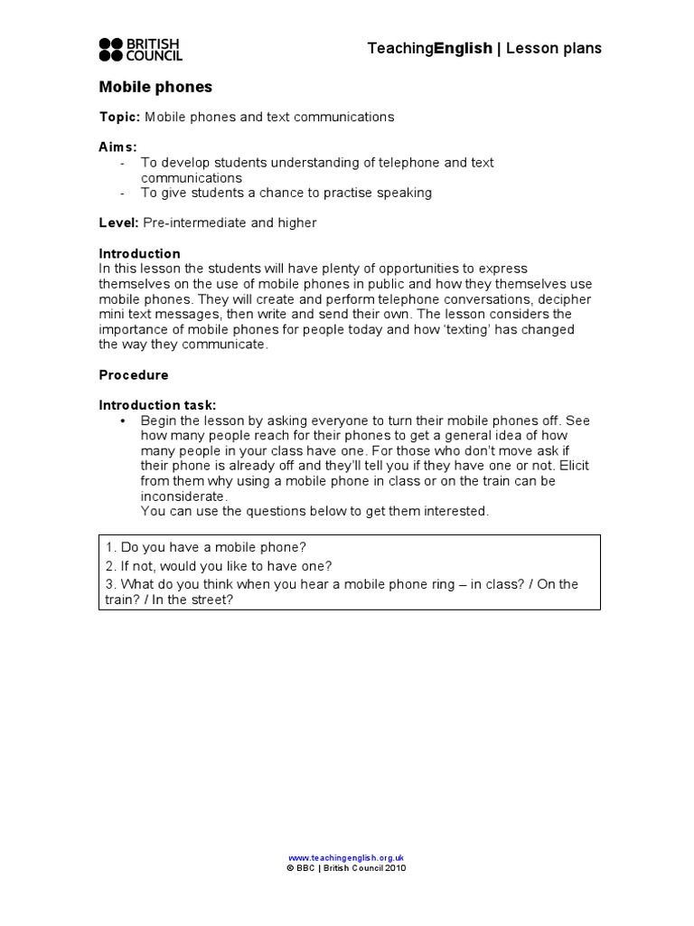 Mobile Phone Lesson Plan Pdf