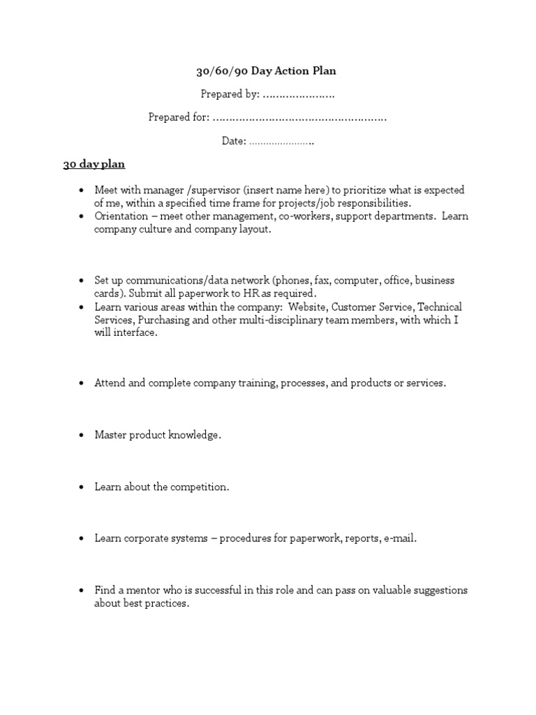 30/60/90 Day Action Plan for Managers | PDF | Business