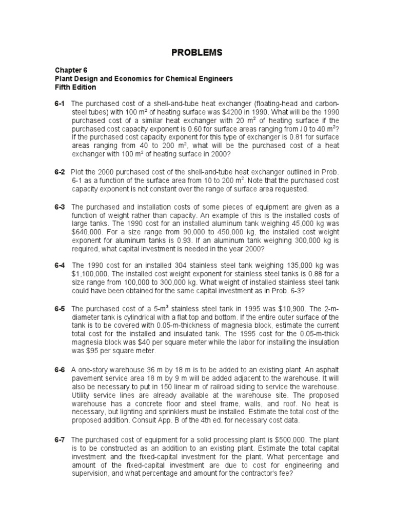 Problems: Plant Design and Economics For Chemical Engineers Fifth ...