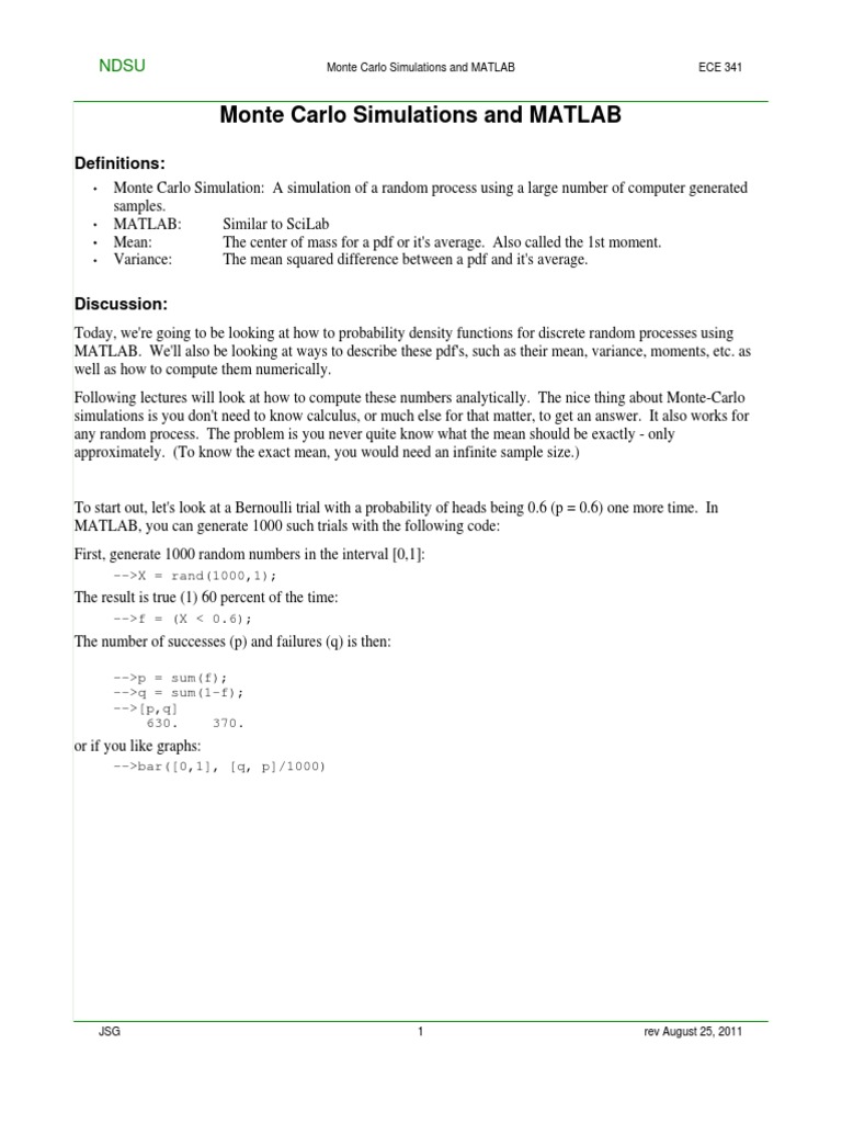 MATLAB Monte Carlo for Students | PDF | Variance | Probability Density ...