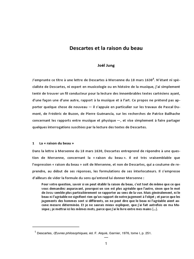 J Jung Descartes Et La Raison Du Beau Pdf Rene Descartes Beaute