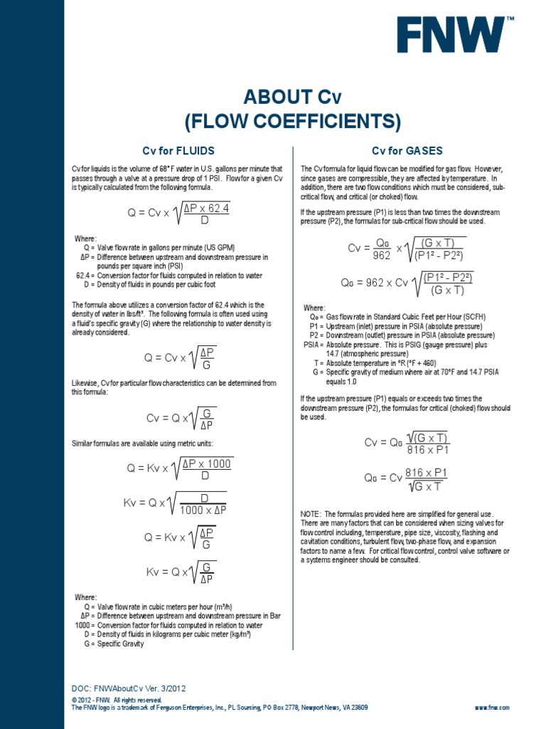 ABOUT CV (FLOW COEFFICIENTS) PDF Pressure Density