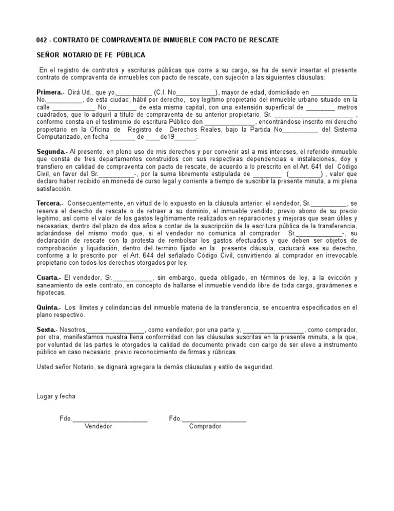 contrato de compraventa de inmueble con pacto de rescate