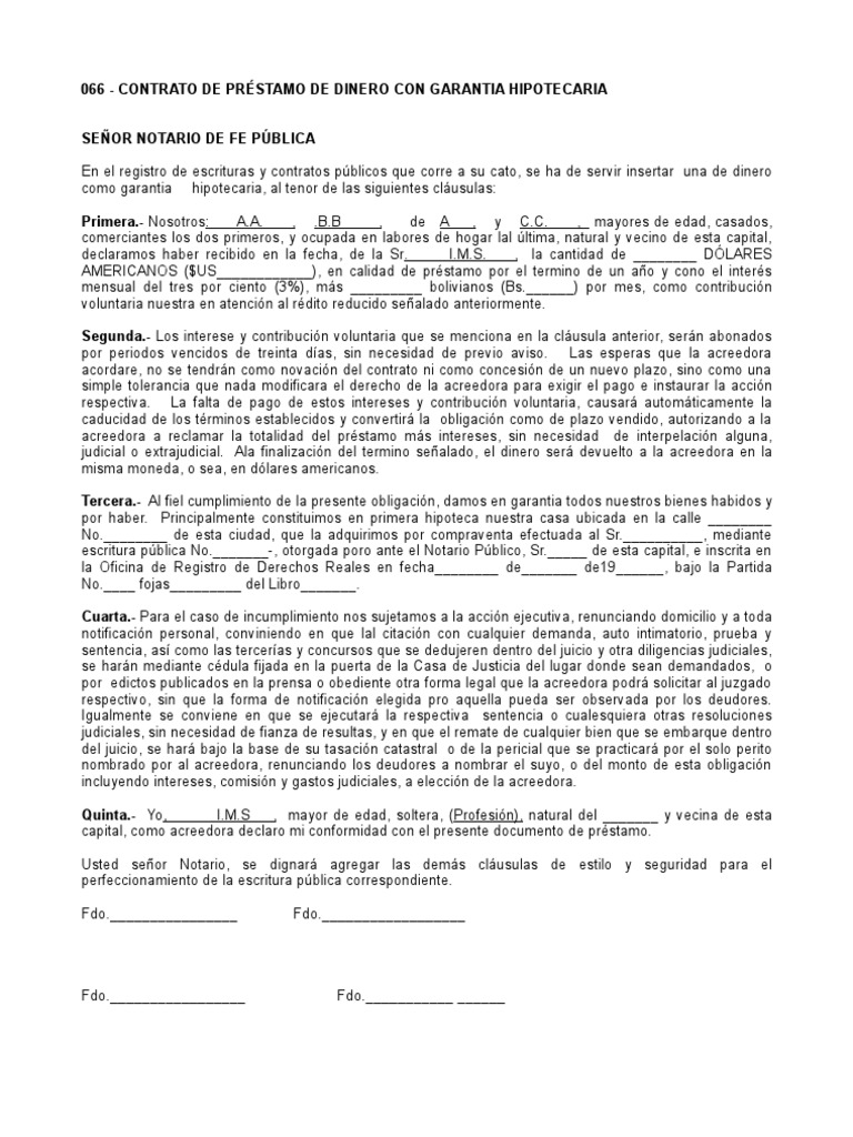 contrato de préstamo de dinero con garantia hipotecaria