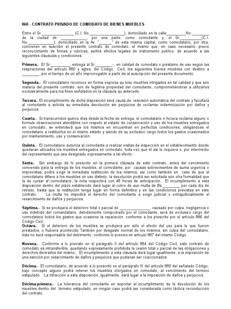 Contrato privado de comodato de bienes muebles