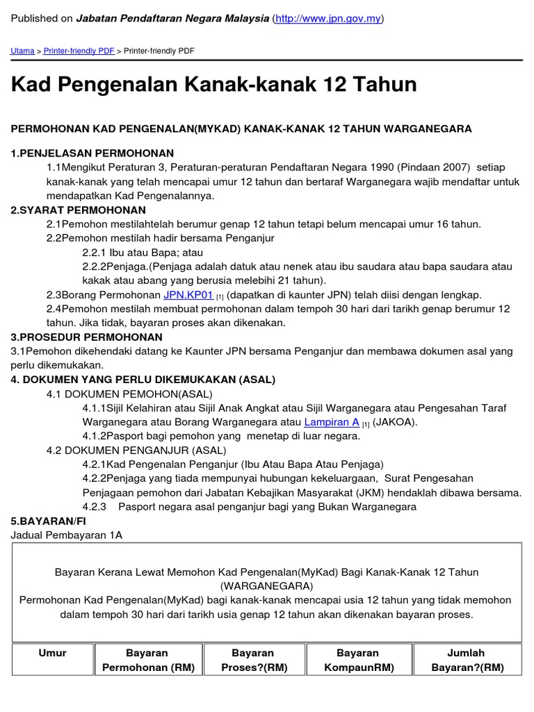 Jabatan Pendaftaran Negara Malaysia Kad Pengenalan Kanak Kanak 12 Tahun 2013 10 24 Pdf