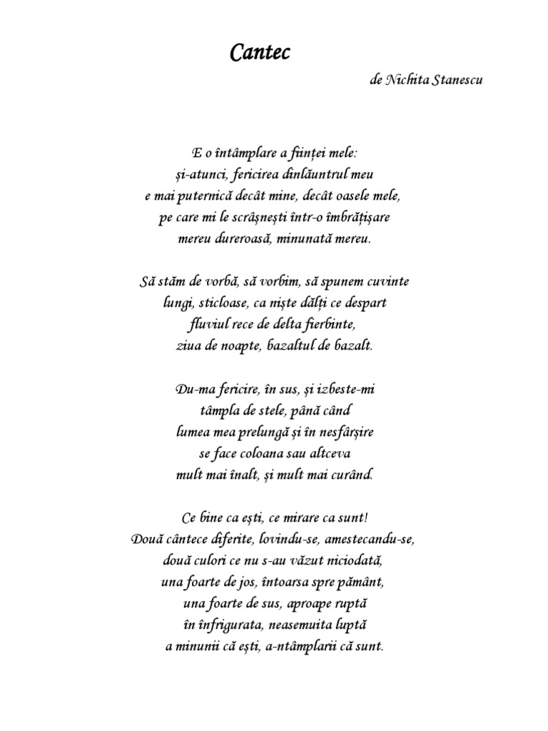 Cantec De Nichita Stanescu