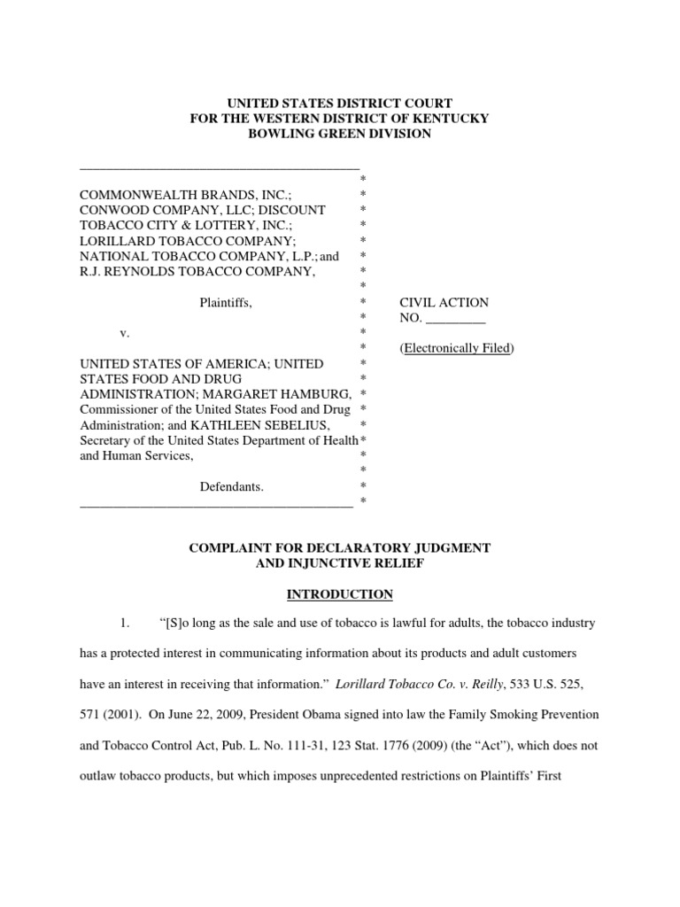 Big Tobacco Complaint PDF Food And Drug Administration Cigarette