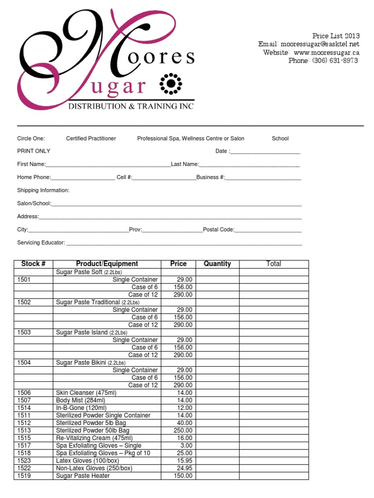 Sugar Paste and Spa Products Order Form | PDF