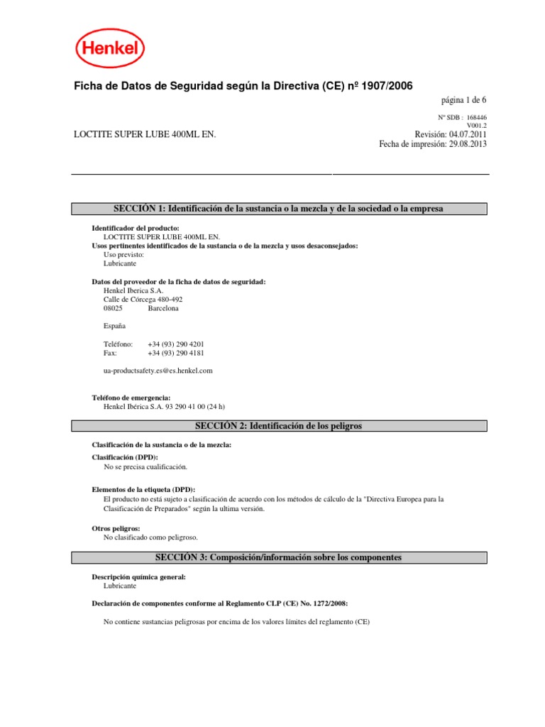 MSDS Superlub Henkel PDF Solubilidad Primeros auxilios