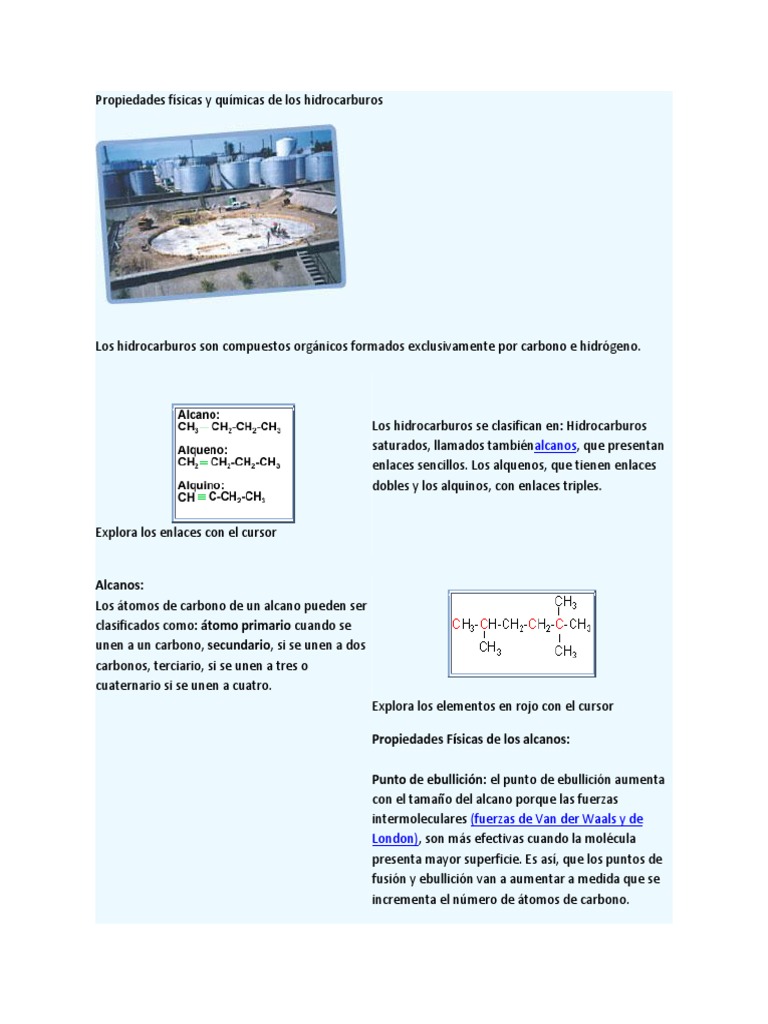Propiedades físicas y químicas de los hidrocarburos
