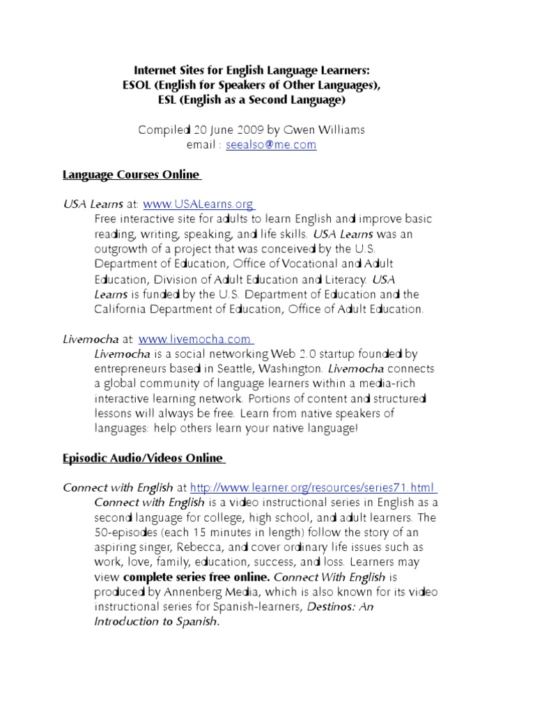 Internet Sites For English Language Learners: ESOL, ESL Online | PDF ...