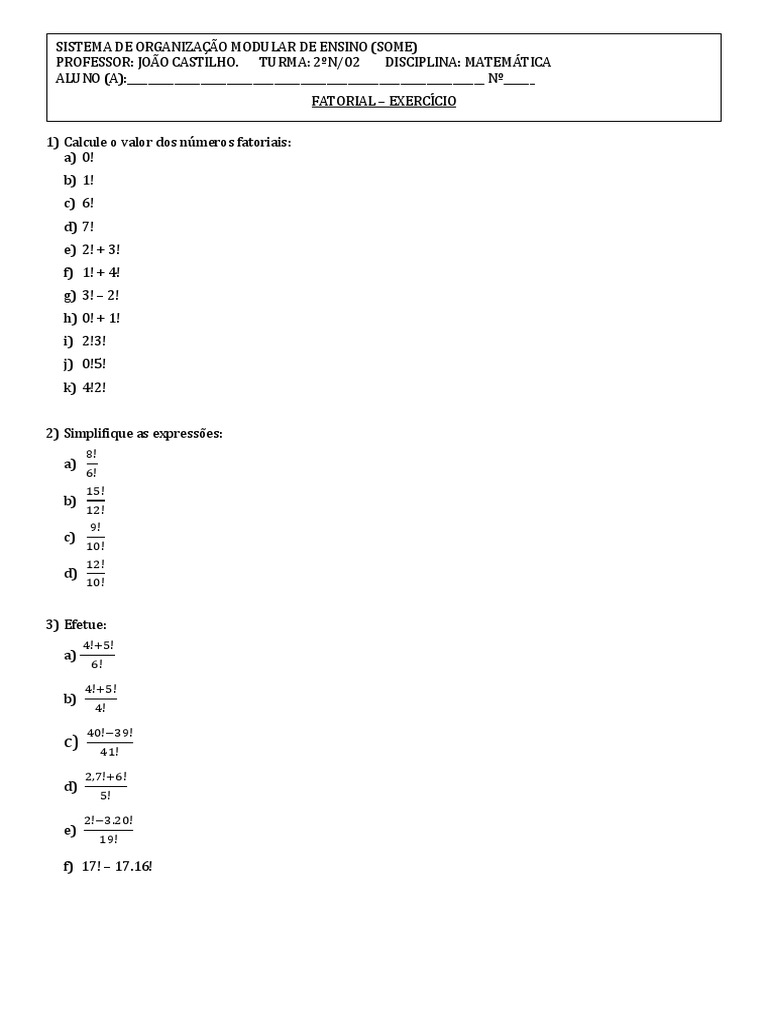 Exercícios de Fatorial para Estudantes | PDF