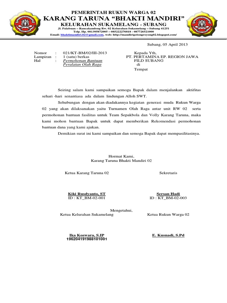 Contoh Surat Permohonan Dana Karang Taruna