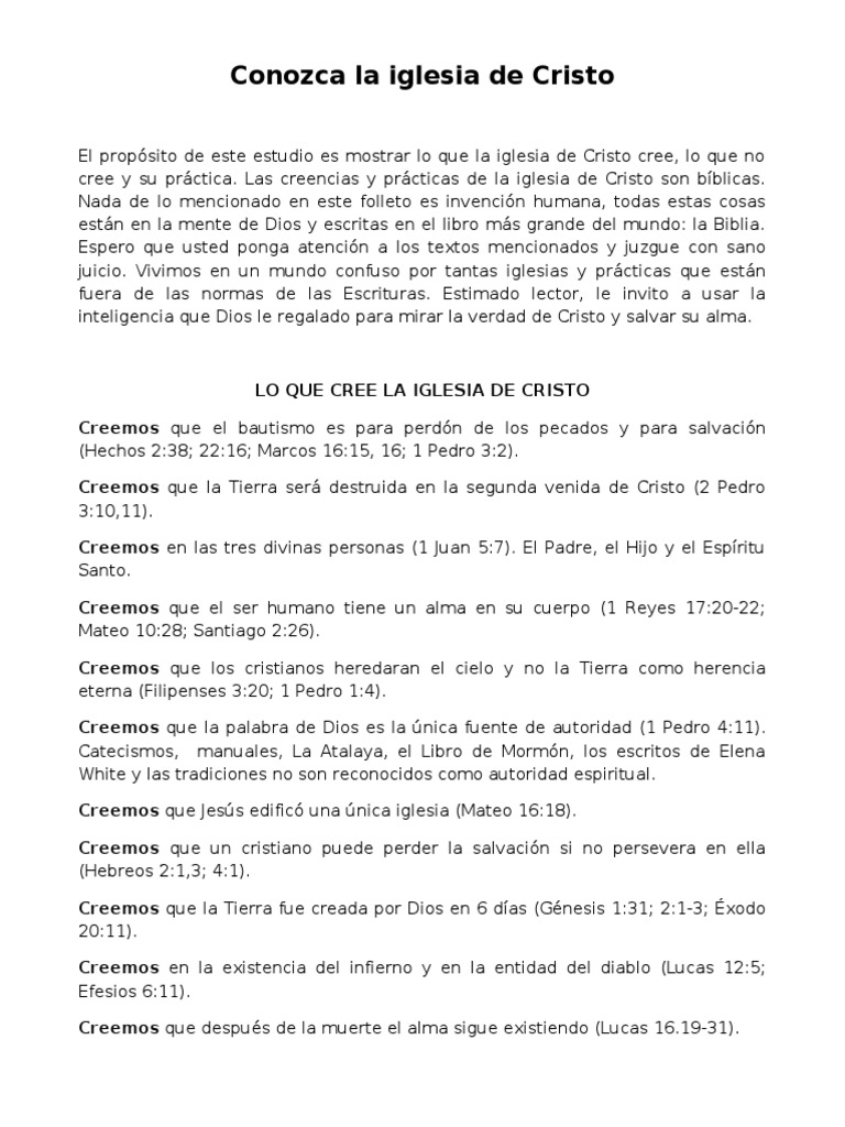 Conozca las creencias y prácticas de la iglesia de Cristo | PDF ...