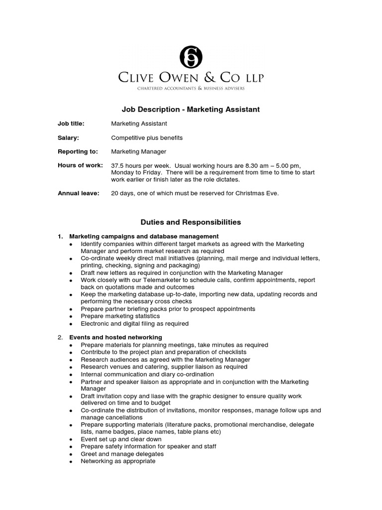 Job Description Marketing Assistant PDF Mass Media Marketing