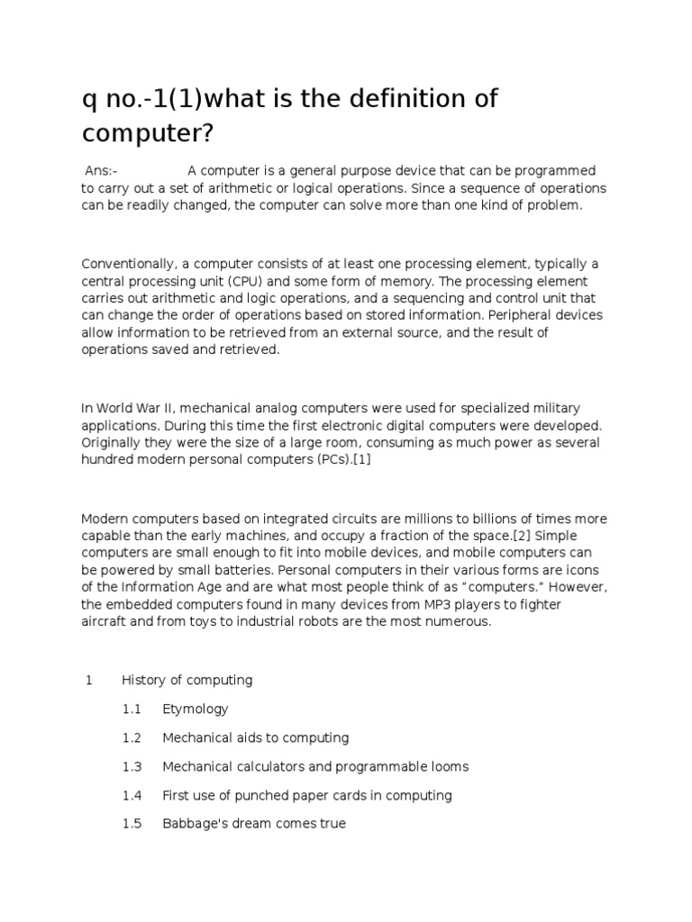 Q No.-1 (1) What Is The Definition of Computer? | PDF | Office ...