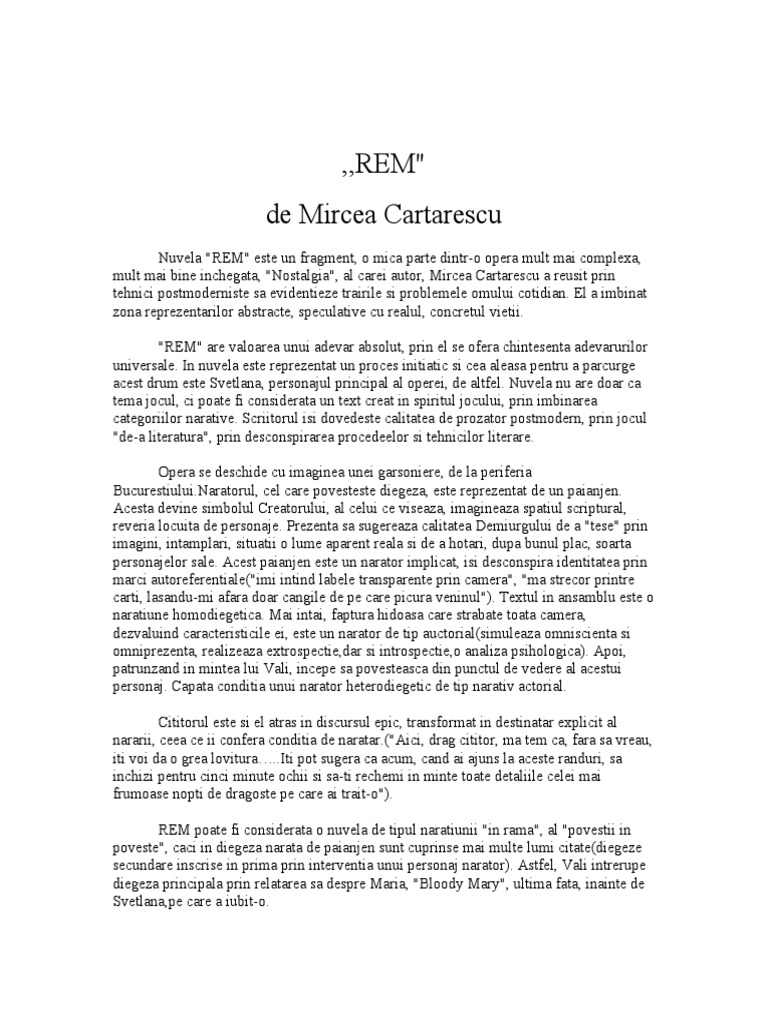 Mircea Cartarescu Rem REM - Mircea Cartarescu (rezumat)