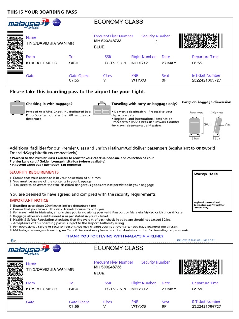 Malaysia Airlines Mas Sample Boarding Pass Pdf Airlines Aviation