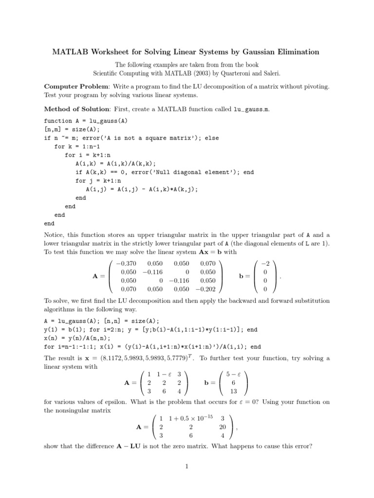 MATLAB Worksheet For Solving Linear Systems by Gaussian Elimination ...