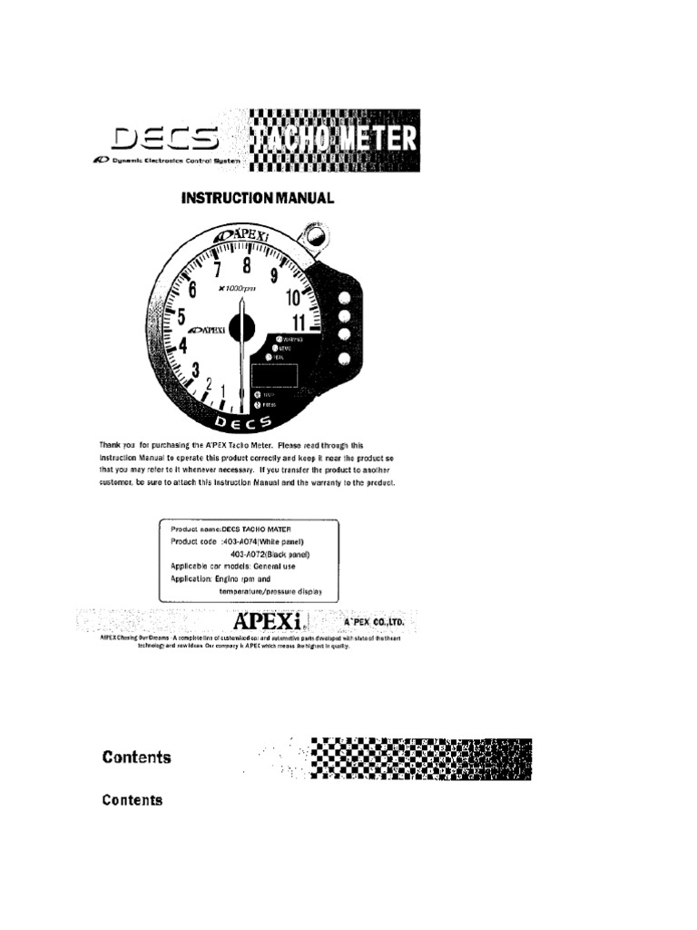 Apexi Installation Instruction Manual: DECS Tachometer | PDF