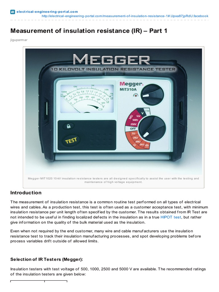 Insulation Resistance Testing Guide | PDF | Insulator (Electricity ...