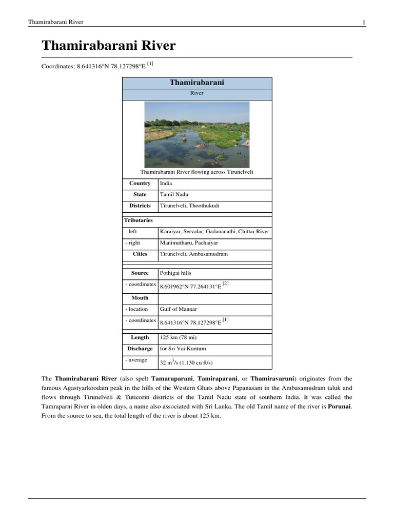 Thamirabarani River PDF Bodies Of Water Physical Geography