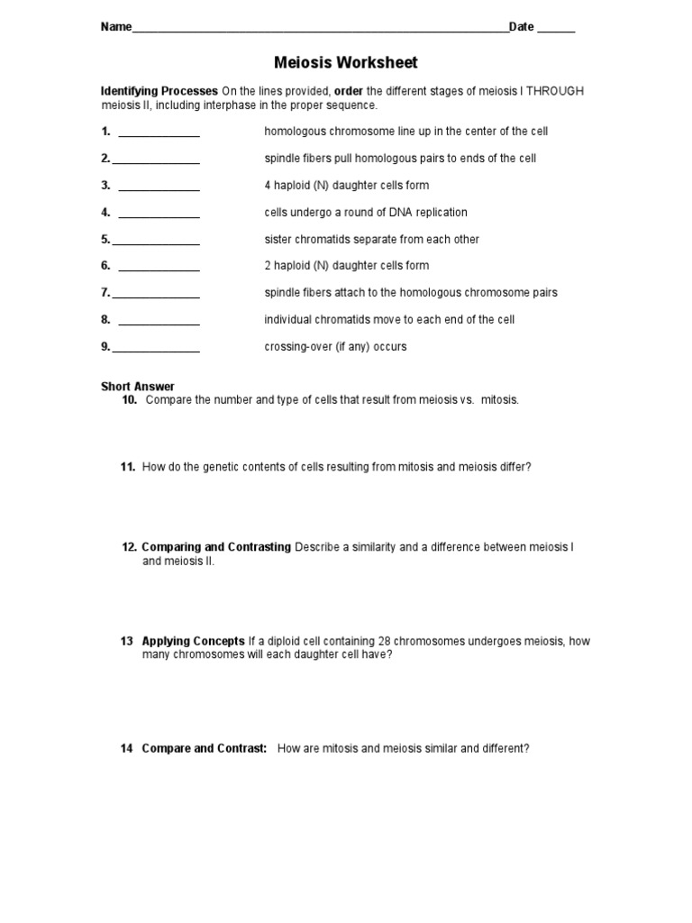 Meiosis Worksheets Meiosis Mitosis