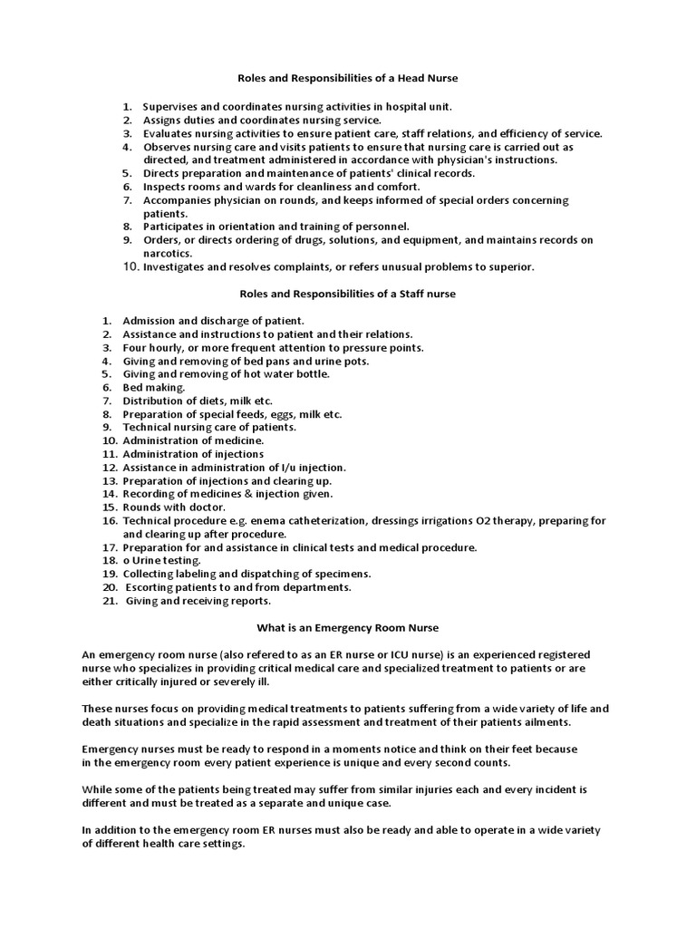Roles and Responsibilities of a Head Nurse | Emergency ...