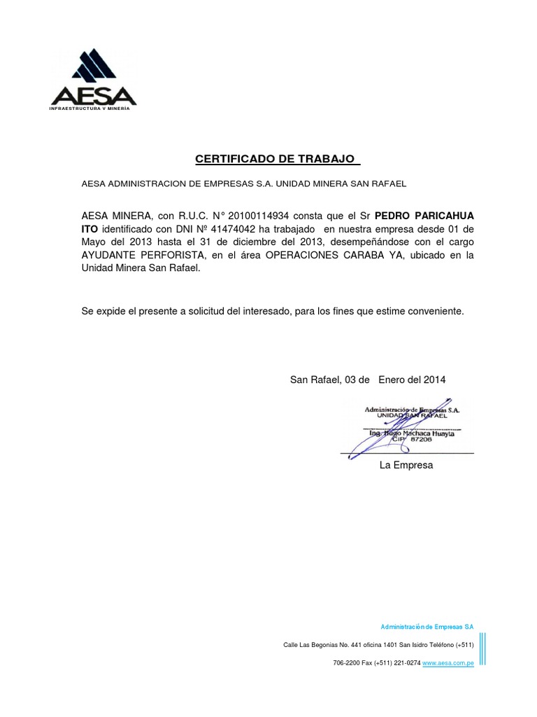 Certificado De Trabajo Pdf