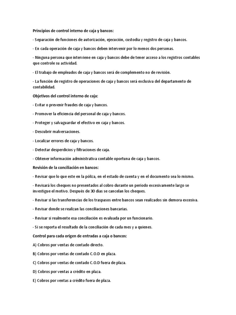 Principios de control interno de caja y bancos pdf bancos economias