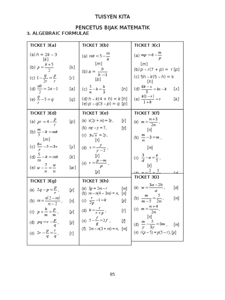 Tuisyen Kita Pencetus Bijak Matematik: - Algebraic Formulae | PDF ...