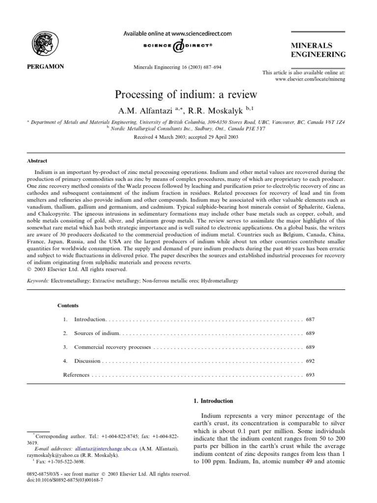 Indium Recovery Processes Overview | PDF | Zinc | Tin