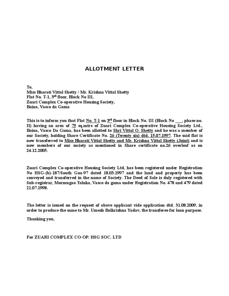 Allotment Letter