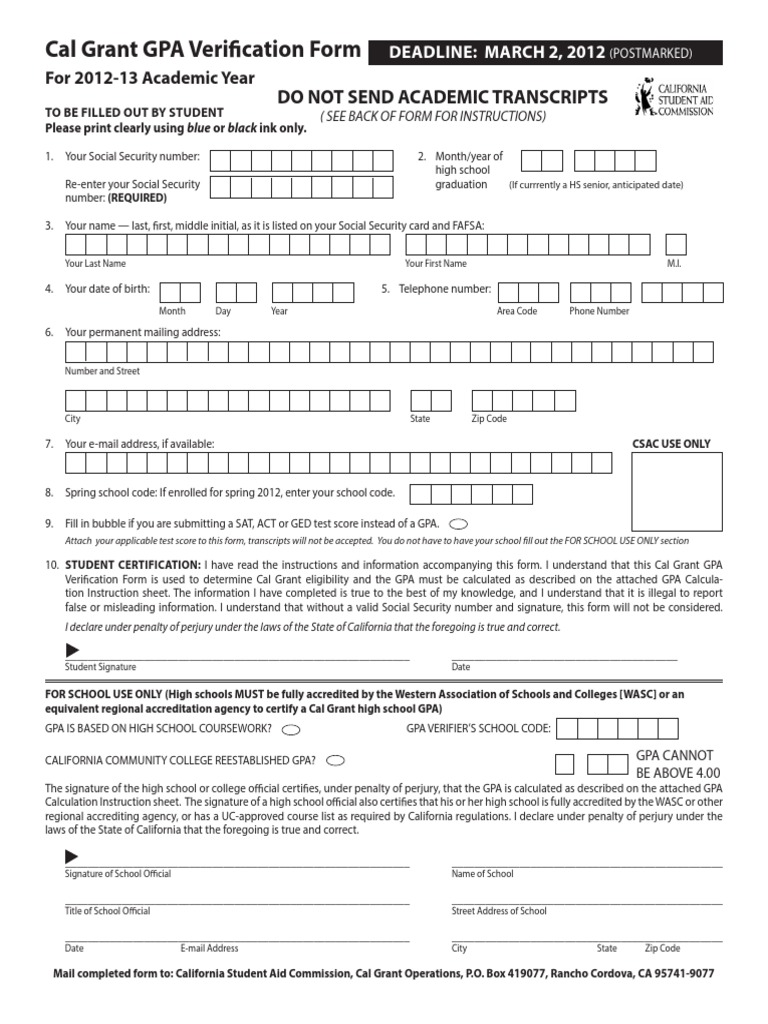 CalGrant GPA Verification Form | PDF | Course Credit | Grading 