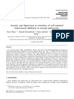 Anxiety and depression as correlates of self-reported behavioural inhibition in normal adolescents by Peter Muris (2001) - an article