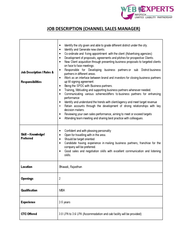 Job Description - Channel Sales Manager | Pdf