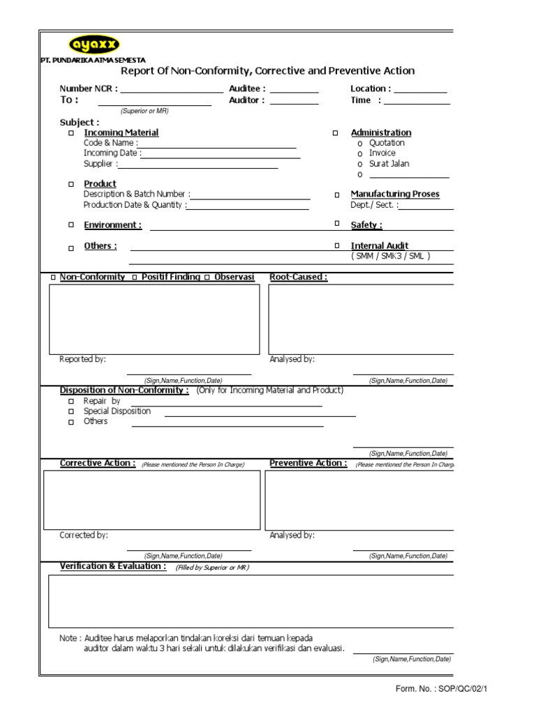 Form - NCR, Car & Par  PDF With Ncr Report Template