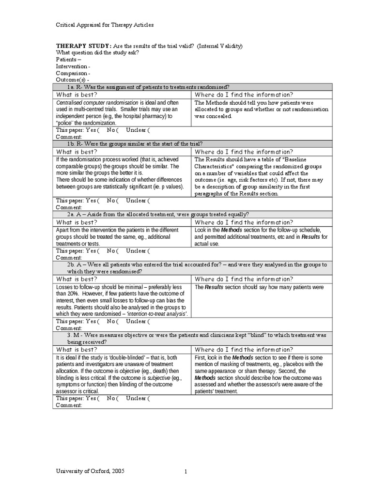 RCT+Appraisal+sheets. therapy.doc | Confidence Interval | Therapy