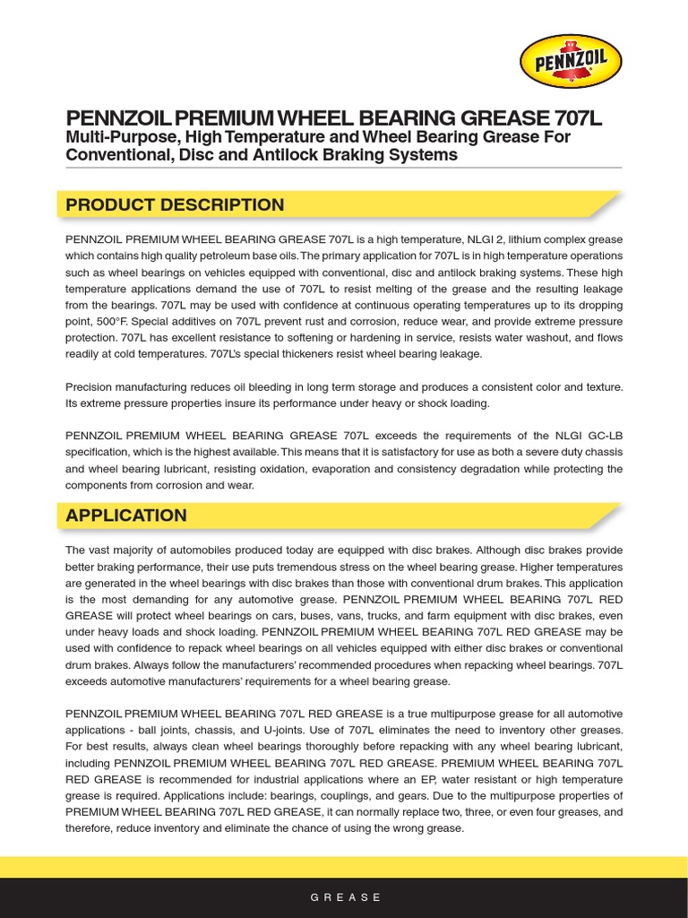 Pennzoil Premium Wheel Bearing Grease 707l | PDF | Bearing