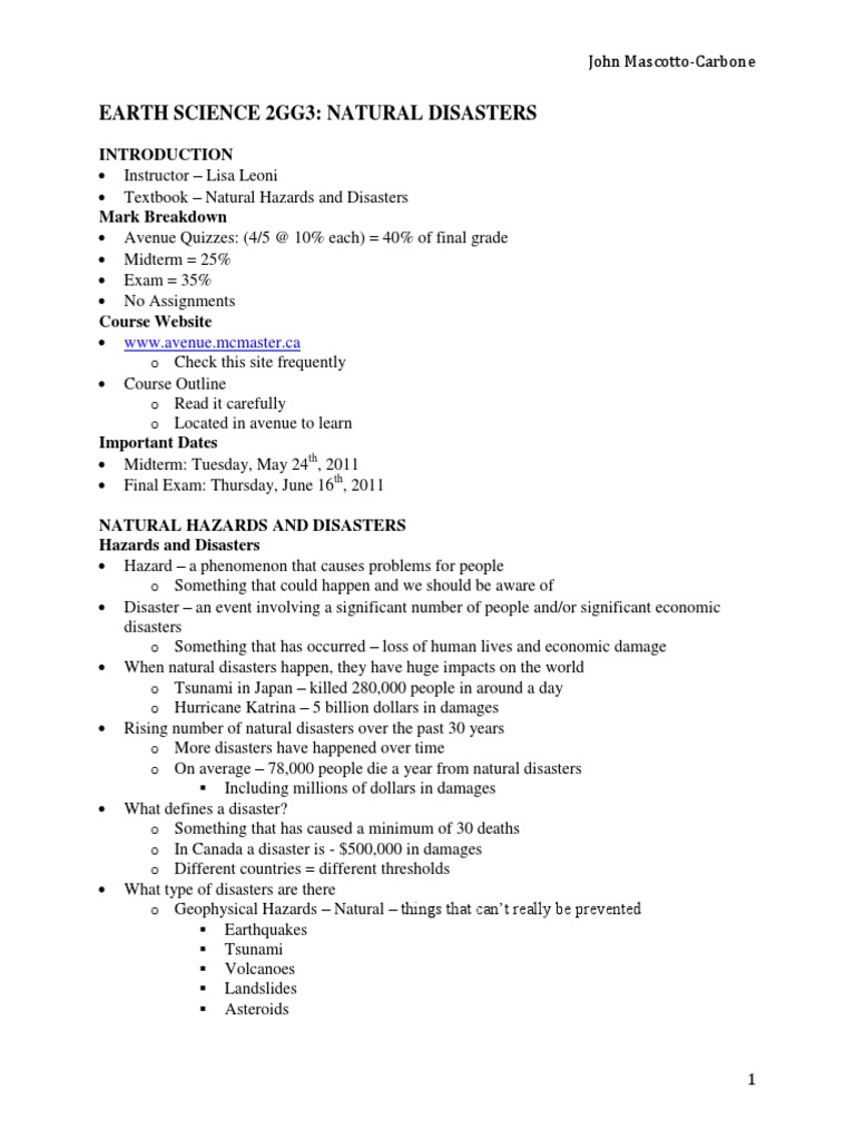 Earth Science 2gg3 Natural Disasters Mcmaster University Pdf