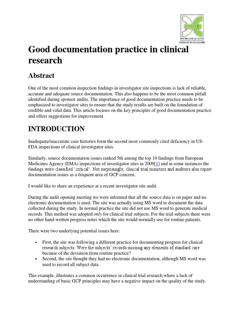 good documentation practices in clinical research