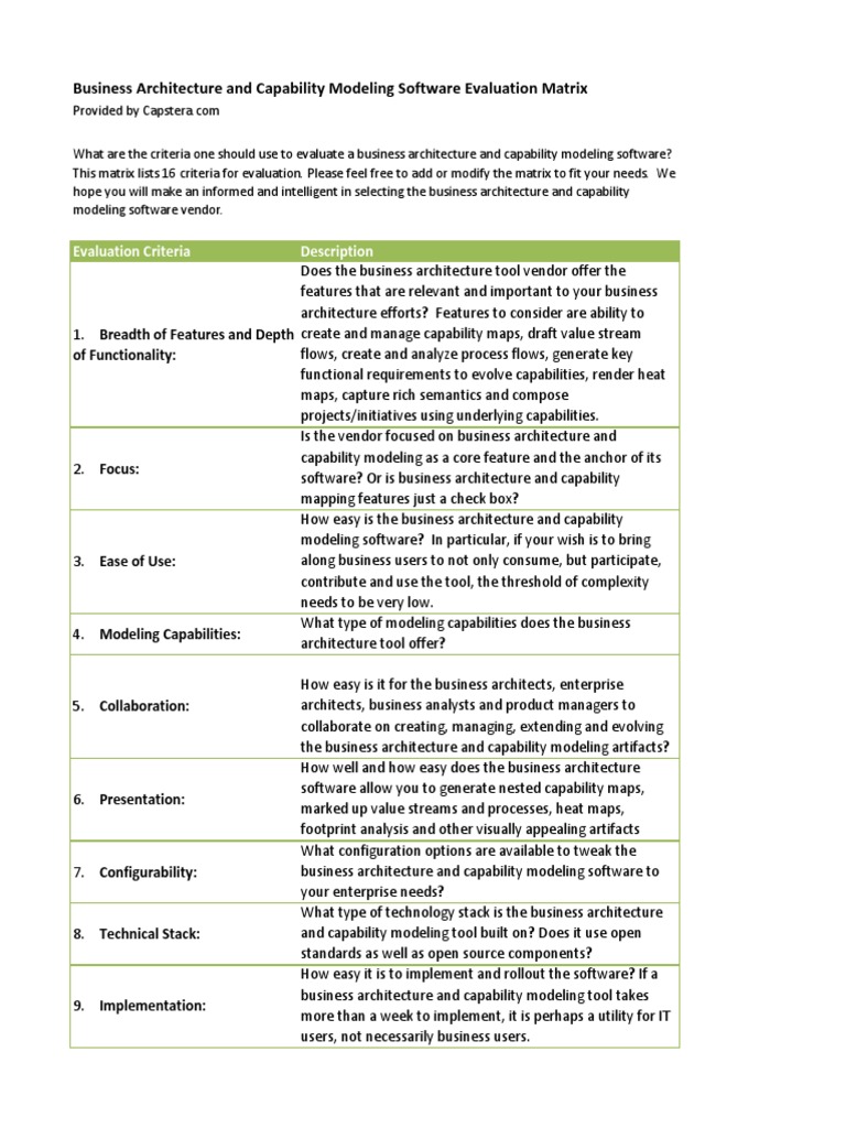 Business Architecture Software Evaluation Matrix | PDF | Cloud ...