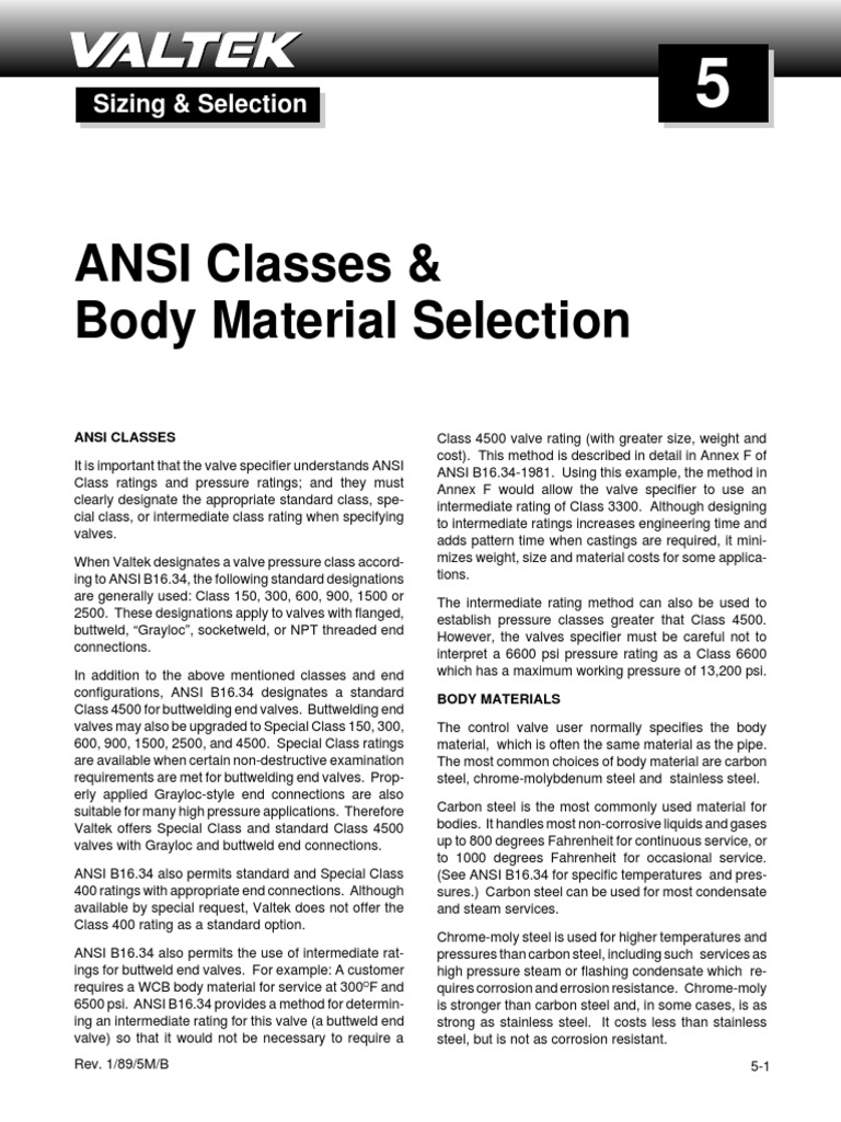 ANSI Valve Class & Material Guide | PDF | Steel | Valve
